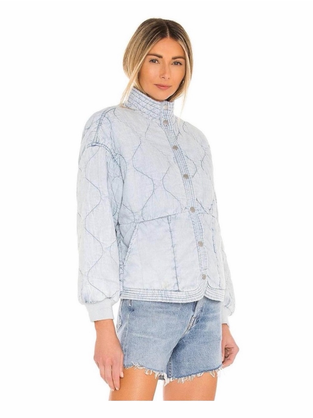 Kensie Jeans Quilted Denim Bomber Jacket Light Acid Wash Chambray Size M
